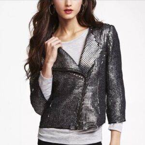 Express Sequin Moto Black & Silver Raw Hem Zipper Blazer/Jacket Size L
